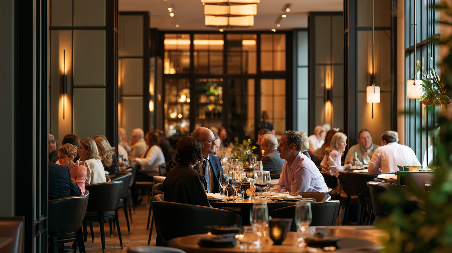 Quiet upscale restaurant with acoustic wall panels and warm lighting